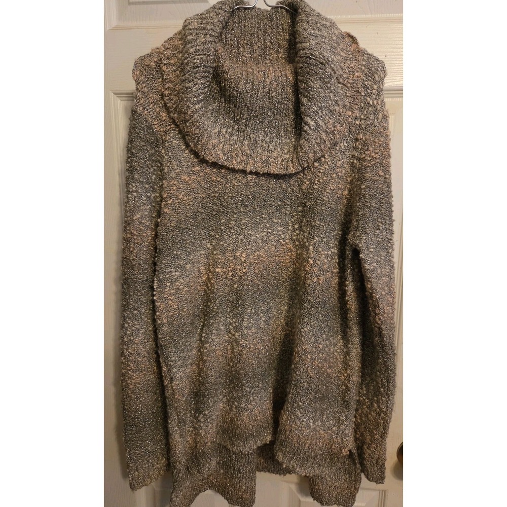 ELLE Women's Gray Knit Hi / Lo Sweater Large Boucle Shimmery Metallic Cowl Neck